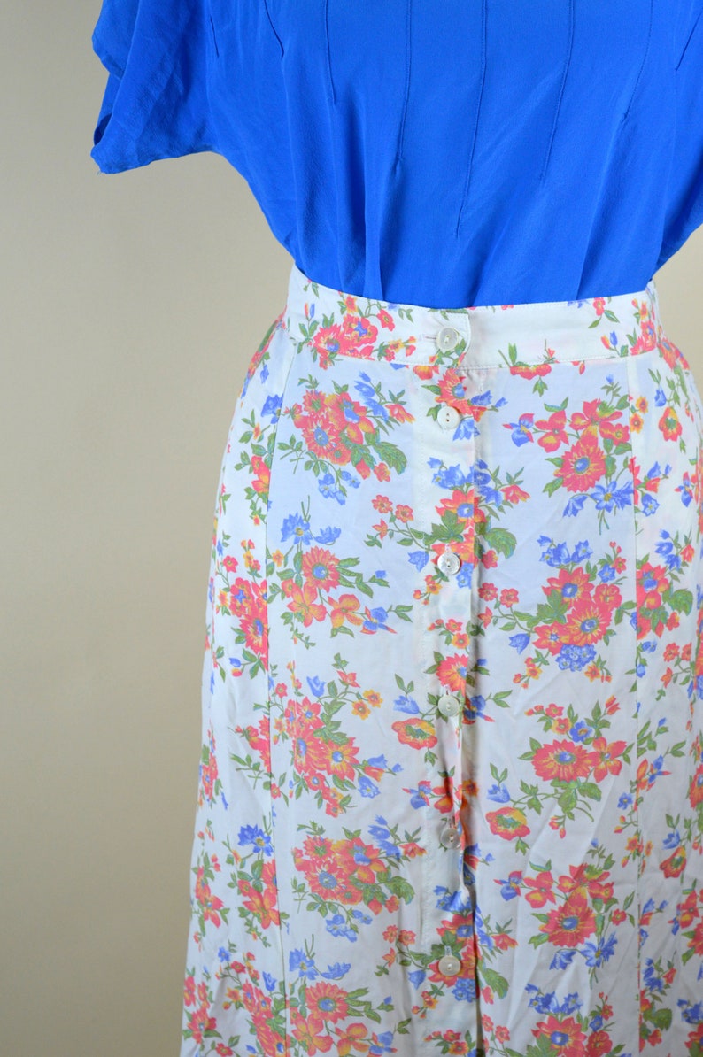 Shabby Chic Mori Girl Button up Full Length A-line Skirt Size Medium 90/'s Vintage Cream Floral Rayon Grunge Skirt 30 Waist