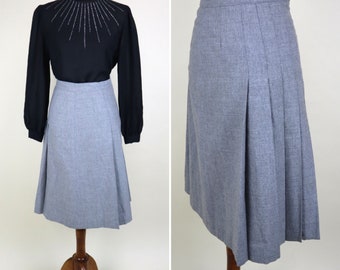 70's A-line Pleated Midi Academia Skirt / Stone Gray Winter Fashion Secretary Skirt / Size XSmall 24 Inch Waist