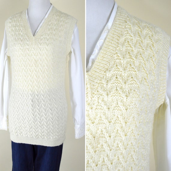 Vintage 70's Chevron Knit Cream Pullover Sweater … - image 1