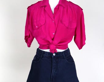 90's Pink Adventurecore Seide Safari Bluse / Größe Medium