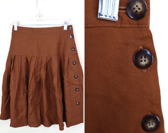 90's Chocolate Brown Side Button Pleated Mini Skirt / Size Small / 26 Inch Waist