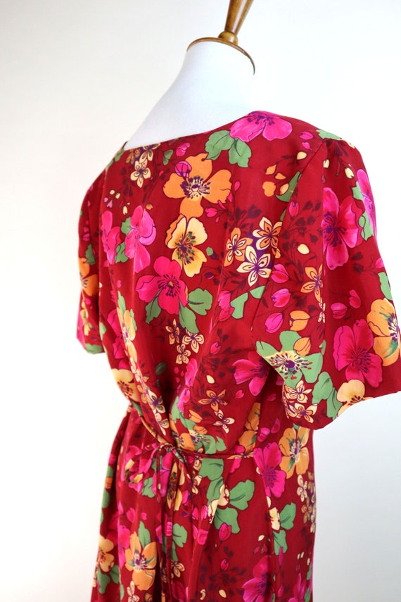 90's Red Hawaiian Floral Casual Summer Dress / Bo… - image 6