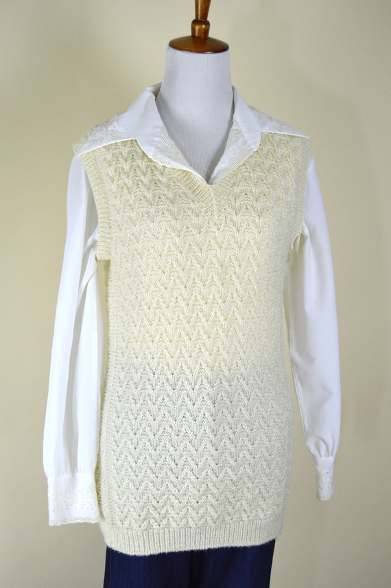 Vintage 70's Chevron Knit Cream Pullover Sweater … - image 5