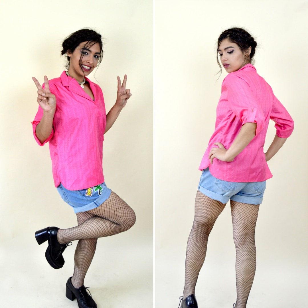 80's Vintage HOT PINK Candycore Fun Collared Shirt / Rolled Button Tab ...