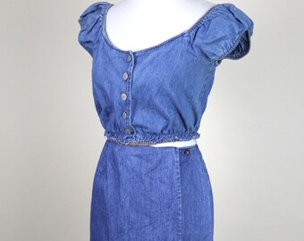 90's Y2K Denim Peasant Crop Top / Size Small