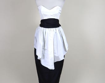 80's Gunne Sax Strapless Black and Cream Evening Gown / Fit and Flare Peplum Black Tie Dress / Size XSmall to Small