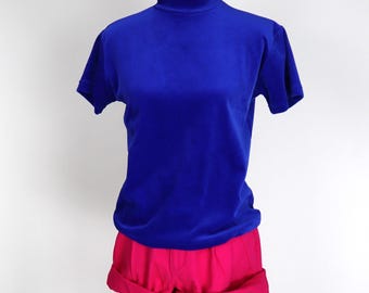 90's Vintage Blue Velour Retro Mockneck T-shirt / Size Medium
