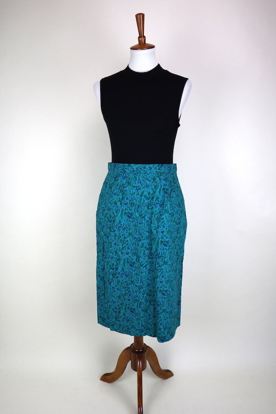 50's 60's Blue Green Leaf Print A-line Skirt / Mi… - image 8