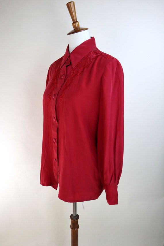 90's Red Silky Dress Shirt / Country Western Embr… - image 8