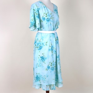 80's 90's Spring Floral Light Blue Chiffon Sunday Dress / Size Large to Xlarge
