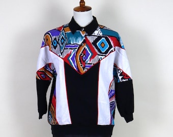 80'sBlack and White Retro Geometric Southwestern Sports Shirt / Size Medium