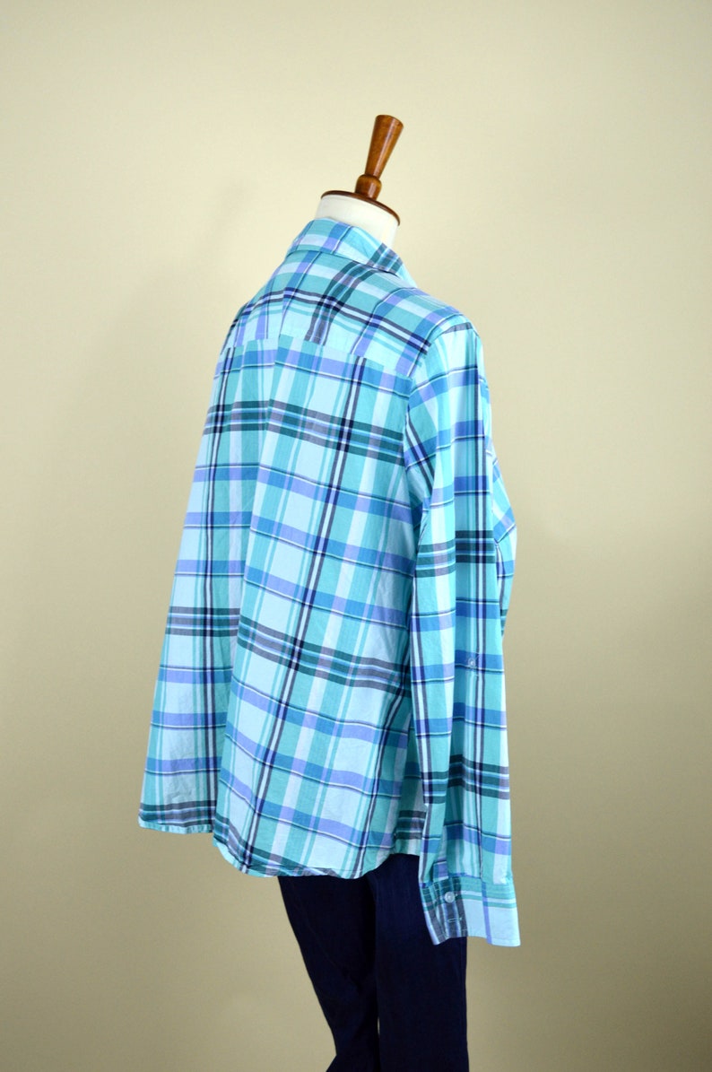 Vintage 90/'s Blue and White Cotton Summer Plaid Shirt Long Sleeve Button up Top Spring Fashion Country Girl Mori Girl Size XXLarge
