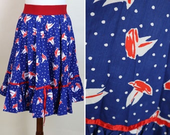 90's Red Blue Sailboat Print Circle Skirt / Lolita Square Dance Whimsical Ruffle Skirt / Women's Size Medium