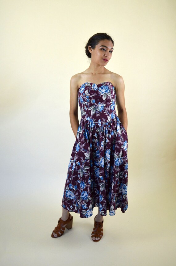 80's Purple Strapless Floral Party Dress / Mori G… - image 6