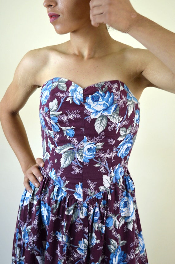 80's Purple Strapless Floral Party Dress / Mori G… - image 4