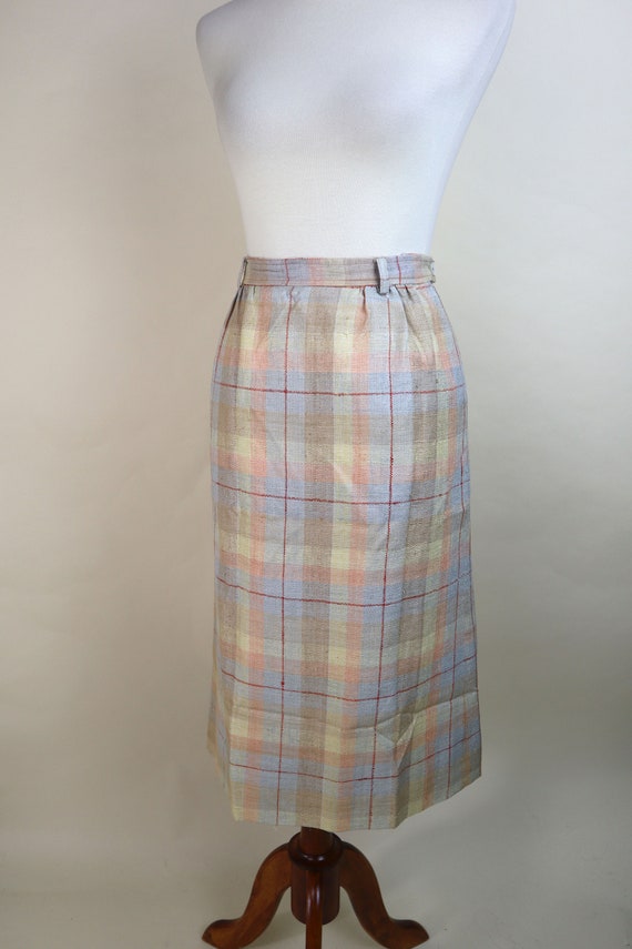 70's Cream Orange Plaid Silk Secretary Skirt / Au… - image 8