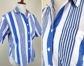 80's Blue and White Striped Casual Shirt / Button Up Retro Summer Blouse / Women's Size Small to Medium