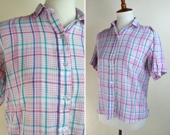 80's Pink purple Plaid Summer Shirt / Button down country girl top / Size Medium