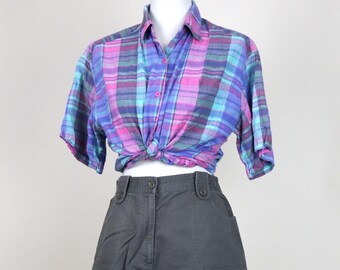 70's 80's Blue Purple Plaid Retro Button Down Summer Shirt / Size Large