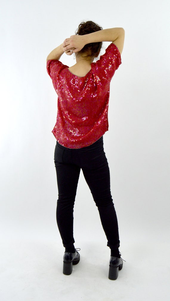 70's Vintage Red Glam Rock Beaded Blouse / Fancy … - image 6