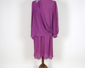 80s Vintage Chiffon Dress Mauve Purple with Beaded Flower, L-XL