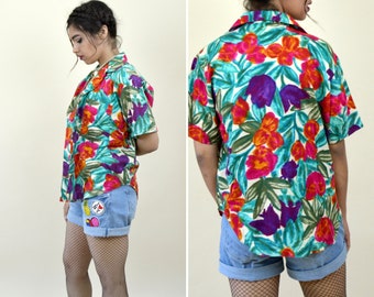 80's Green Purple Red Hawaiian Floral Rayon Blend Blouse / Short Sleeve Button up Casual Summer Tropical Shirt / Size Large