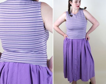 80's Vintage Purple Striped Crop Top / 1980's Sleeveless Stretchy Cropped Top / Cute Knit Crop / Size Medium