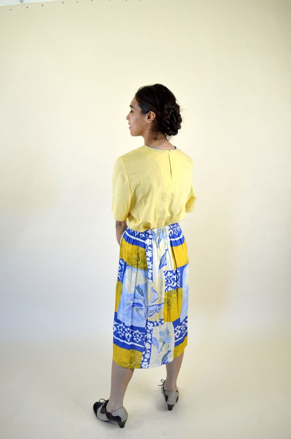 80's Yellow Patchwork Print Flowy Skirt / A-line … - image 8