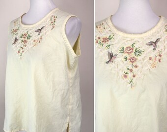 80's Light Yellow Hummingbird Spring Tank Top / Size Medium to Large