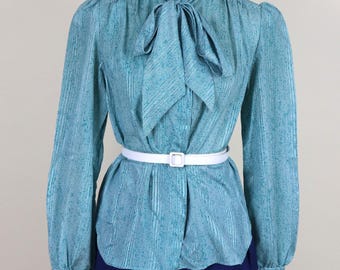 80er Jahre Teal Grün Evan Picone Pussybow Flouncy Bombshell Sekretärin Bluse / Size Small bis Medium