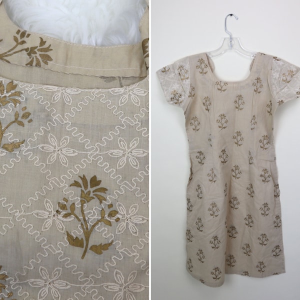 Vintage Cream Gold Stamped Print Kurta Tunic Dress / Size Xsmall to Small