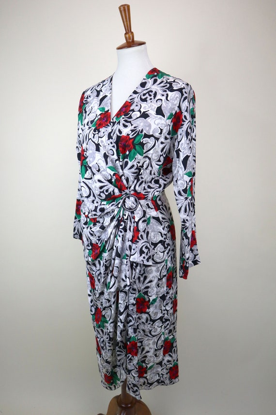 80's Rose Print SILK Faux Wrap Dress / Semi Forma… - image 5