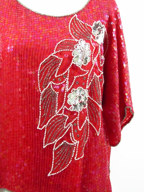 70's Vintage Red Glam Rock Beaded Blouse / Fancy … - image 2