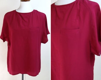 90's Red Silk Dress Shirt / Short Sleeve Business Casual Blouse /  Size Large