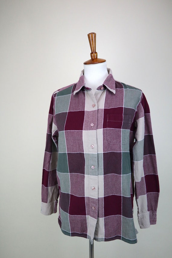 90's Red and Beige Block Plaid Cotton Shirt / Lon… - image 7