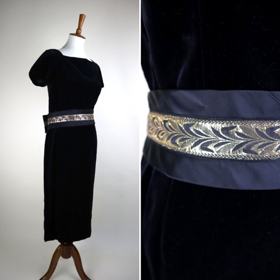 Vintage 50's Onyx Velvet Wiggle Dress / Johnny He… - image 1