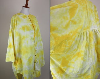 80's Oversized Yellow Tie Dye Smock Shirt / Boho Hippie Summer Top / Size Large to 2X