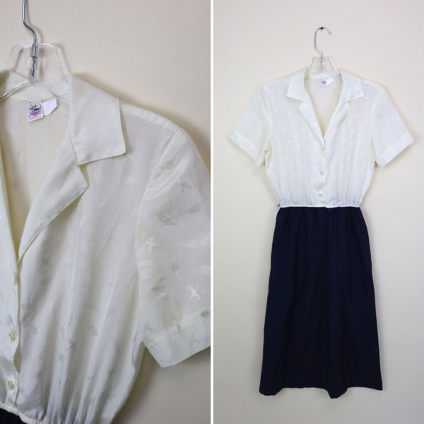 70's Navy Blue and Cream Shirtwaist Secretary Dress / Ladies Size XSmall / Girl's Size Medium