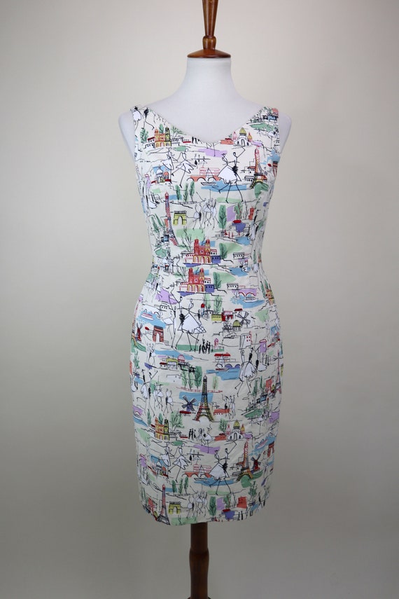 1990's Cream PARIS France Print Wiggle Dress / 90… - image 2