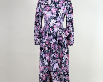 80's Cottagecore Floral Black Pink Peplum Cotton Dress / Size Small to Medium