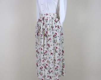 90's Vintage Creme Floral Fließender Midi Rock aus Viskose / Größe Medium Large