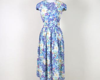 80's Vintage Blue Watercolor Floral Romantic Silk Fit and Flare Day Dress / Size Small