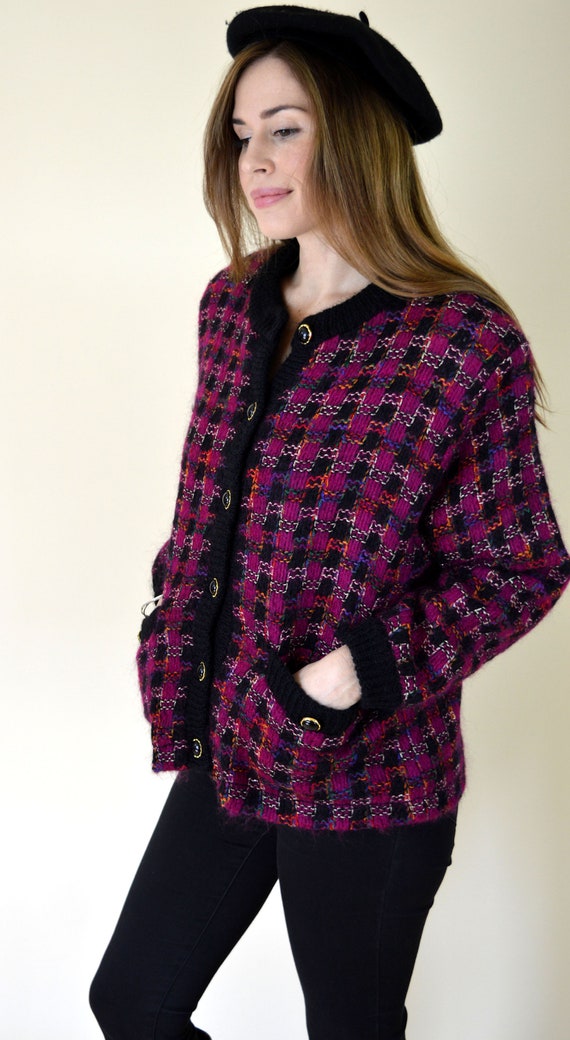 80's Vintage Black and Purple Mod Checked Plaid B… - image 4