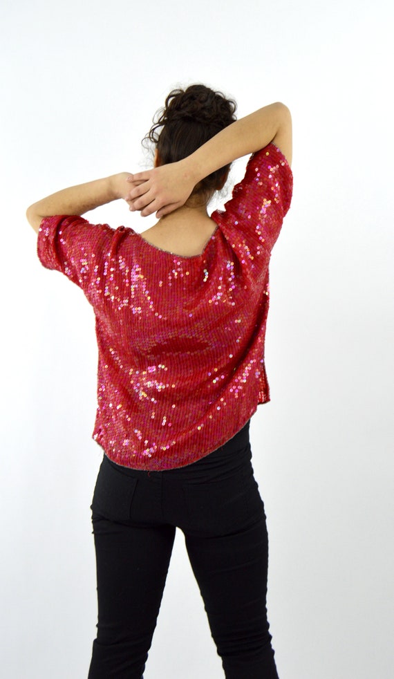 70's Vintage Red Glam Rock Beaded Blouse / Fancy … - image 5