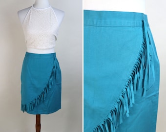 80's Teal Blue Fringe Fitted Mini Skirt / Honky Tonk Boho Western Wear Skirt / Size Medium / 28 Inch Waist