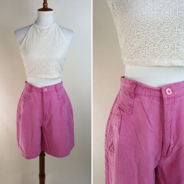 80's Vintage Dusky Pink Summer Shorts/ Wide Leg Mid Length High Waist Shorts / Size Medium / 27 Inch Waist