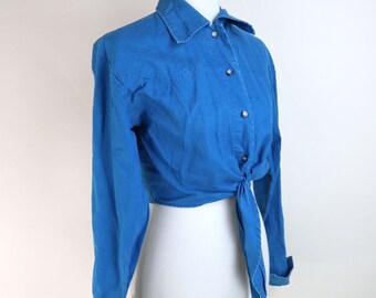 80's 90's Blue Western Style Cropped Waist Tie Long Sleeve Shirt / Size Medium