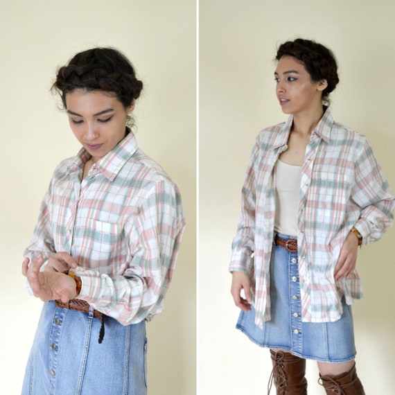 Vintage 90/'s Blue and White Cotton Summer Plaid Shirt Long Sleeve Button up Top Spring Fashion Country Girl Mori Girl Size XXLarge