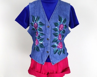 80's 90's Retro Hand Painted Rose Denim Vest / Size Xlarge