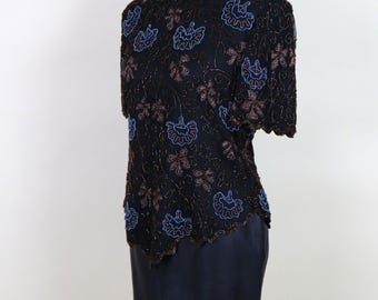 80's Vintage Black Beaded Cocktail Silk Blouse / Size Medium